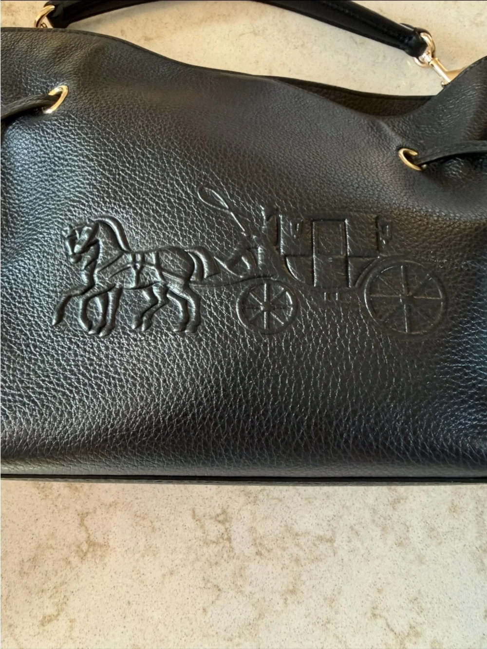 Coach Black Pebbled Leather Shoulder Tote with Tassels and Gold Hardware
